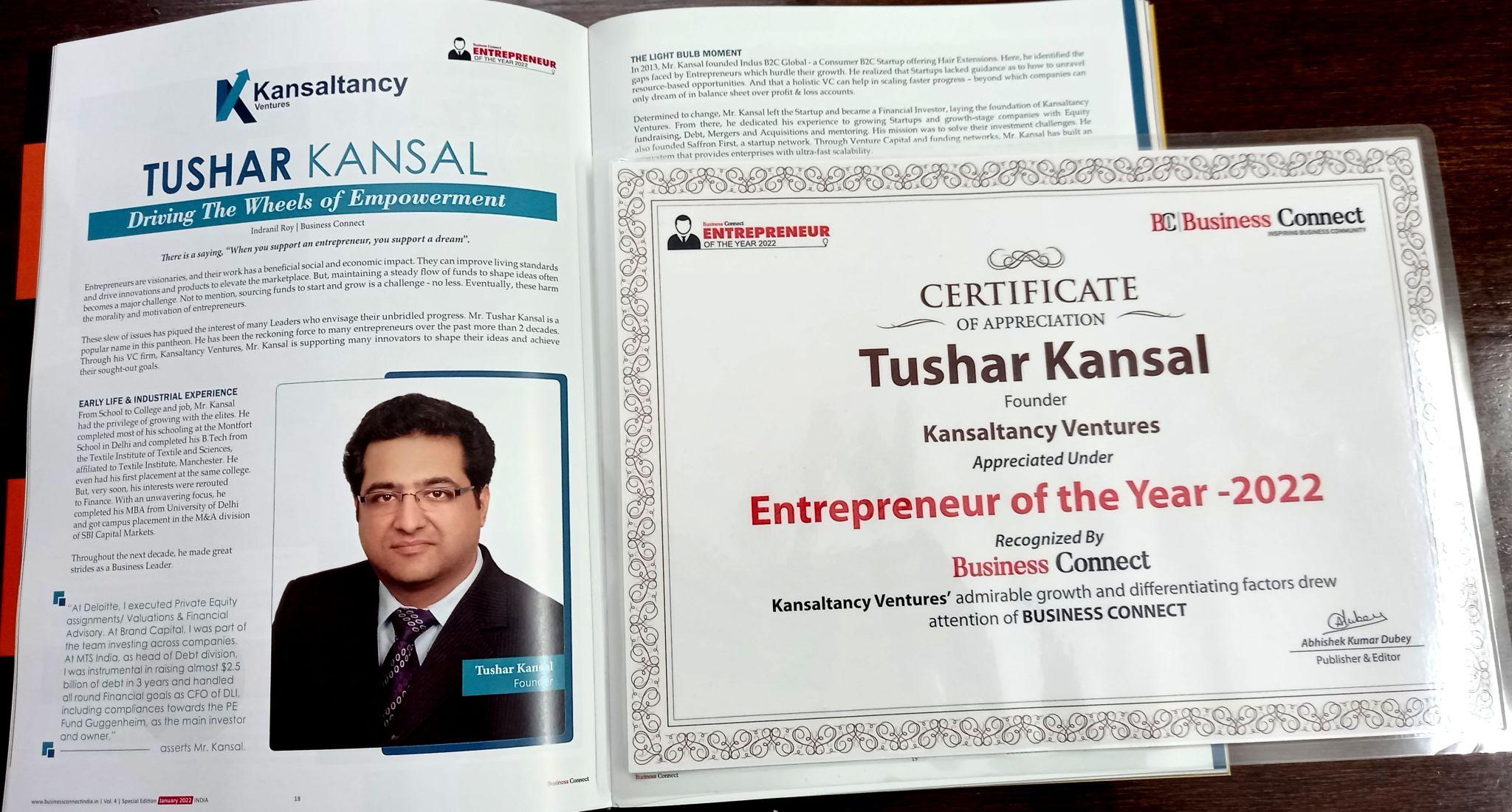 Tushar Kansal Awarded Business Connect Entrepreneur of the Year 2022